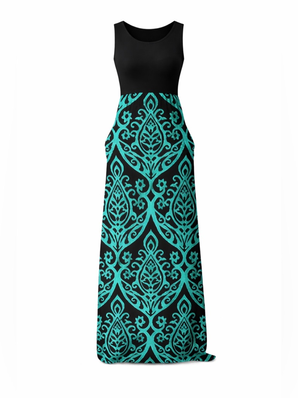 AUSELILY Women’s Maxi Dress XS Black & Teal Boho Sleeveless Loose Fit Dress